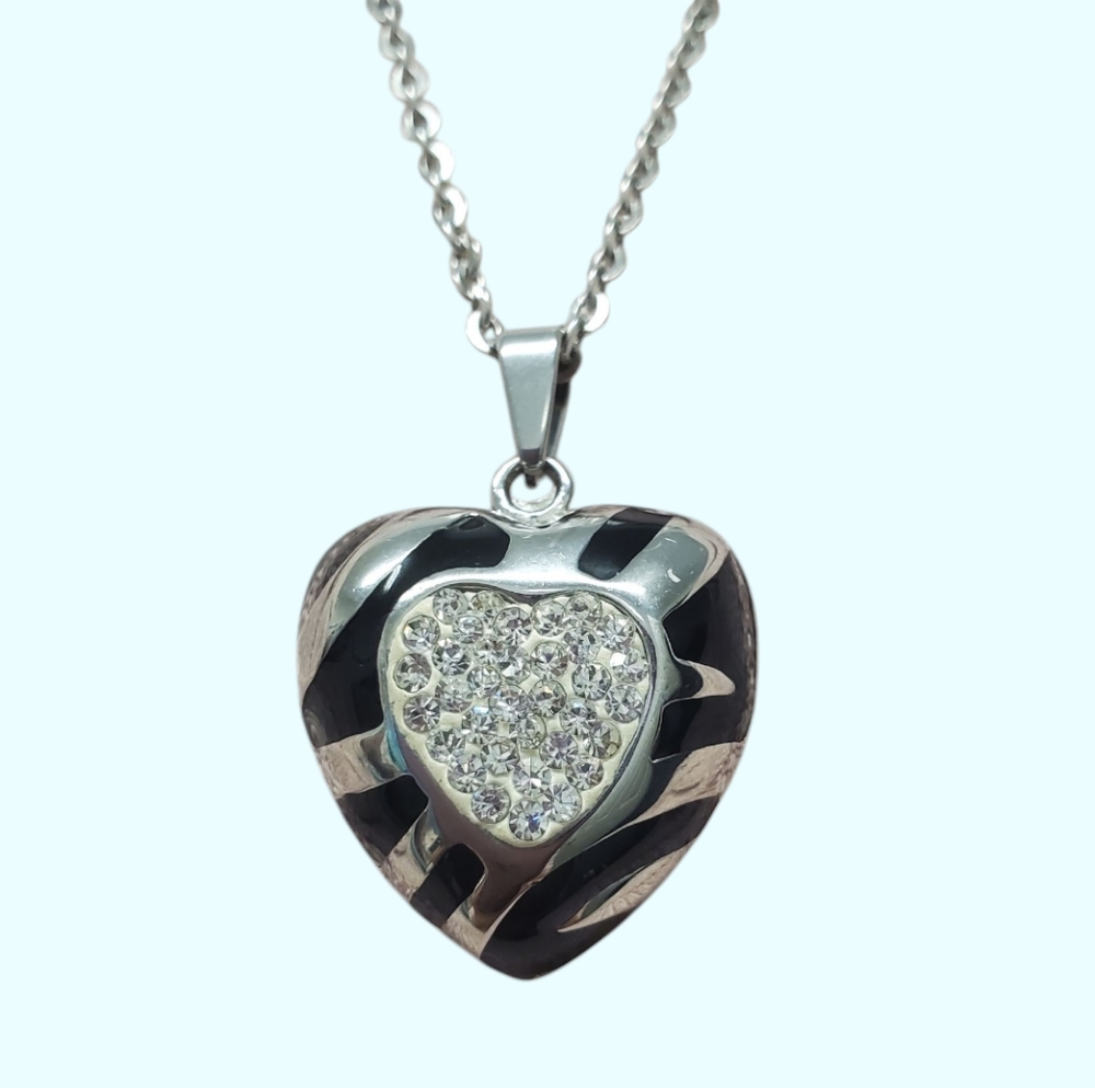 Crystal Heart Pendant & 23" Chain Silvertone Necklace Black Enamel Zebra Stripes